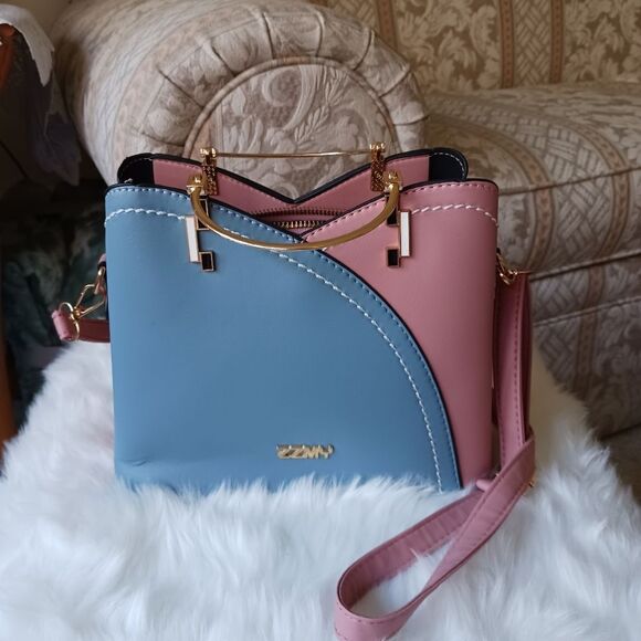 Pink & Blue Leather Shoulder Bag, Crossbody Bag, Handbag, Tote, Purse - Picture 1 of 15